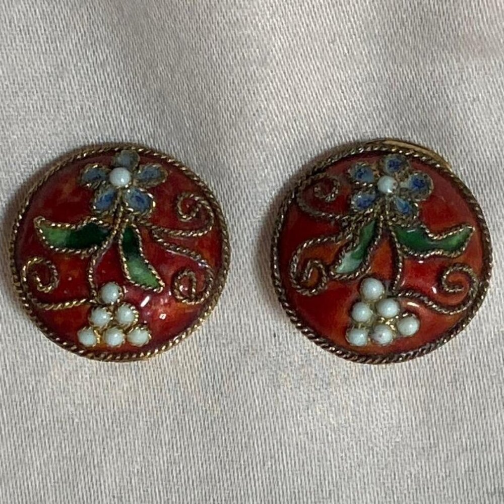 Flower Earrings Enamel Clip On Red Round Pair